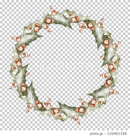 Christmas watercolor wreath with Holly berries and leaves. Hand drawn Illustration of circular Frame on isolated background. Botanical border for holiday invitations and Xmas greeting cards. Christmas watercolor wreath with Holly berries and leaves. Hand drawn Illustration of circular Frame on isolated background. Botanical border for holiday invitations and Xmas greeting cards. 120462186