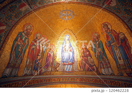 Mosaic of Madonna among the saints over a side altar inside the the Church of the Benedictine Abbey of the Dormition, Mount Zion, Jerusalem, Israel Mosaic of Madonna among the saints over a side altar inside the the Church of the Benedictine Abbey of the Dormition, Mount Zion, Jerusalem, Israel 120462228