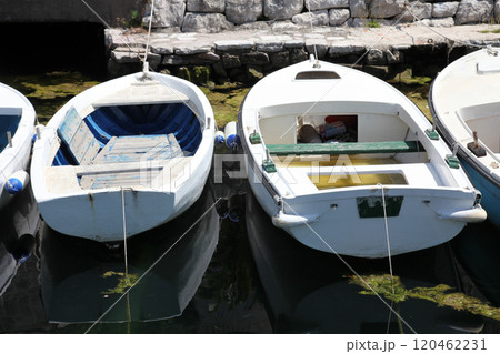 Old white boat in Perast, Montenegro 120462231