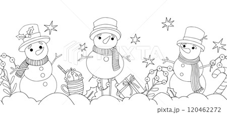 Coloring book. Christmas seamless border. Vector illustration with cute snowmen. In doodle style Coloring book. Christmas seamless border. Vector illustration with cute snowmen. In doodle style 120462272