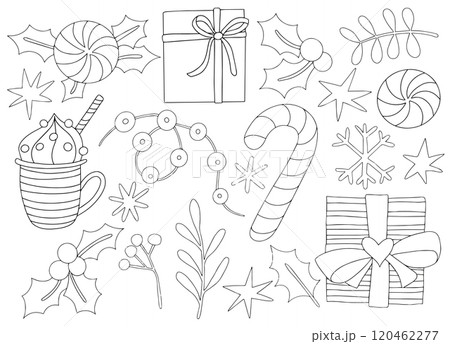 coloring book. cute vector christmas elements set. hot chocolate, sweets, gifts. in doodle style 120462277