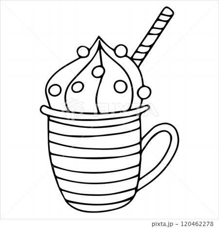 Coloring. Christmas drink. Hot chocolate mug with marshmallows. Christmas New Year decor, symbol. Simple vector sketch. 120462278