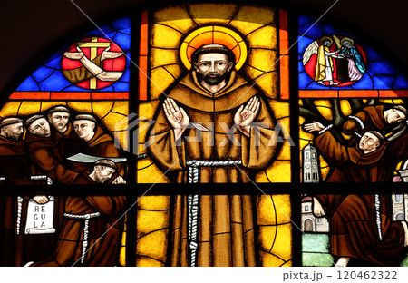 Saint Francis of Assisi, stained glass window in Franciscan church in Shkoder, Albania Saint Francis of Assisi, stained glass window in Franciscan church in Shkoder, Albania 120462322