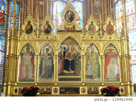 Madonna with the Child and the four Doctors of the Church - Polyptych of the high altar in the Basilica di Santa Croce (Basilica of the Holy Cross) - famous Franciscan church in Florence, Italy Madonna with the Child and the four Doctors of the Church - Polyptych of the high altar in the Basilica di Santa Croce (Basilica of the Holy Cross) - famous Franciscan church in Florence, Italy 120462499