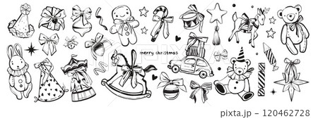 Christmas traditional vintage toys set, New Year hand drawn kids present vector doodles, teddy bear. 120462728