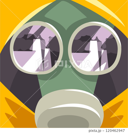 Gas Mask, People Suffering from Fine Dust, Industrial Smog, Environmental Air Pollution, Vector Illustration 120462947