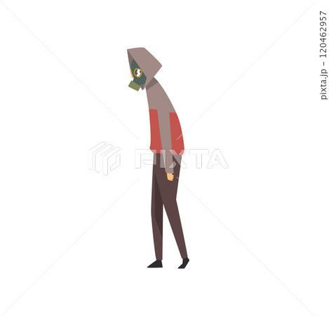 Man Wearing Protective Gas Mask Against Air Pollution, People Suffering from Industrial Smog Vector Illustration 120462957