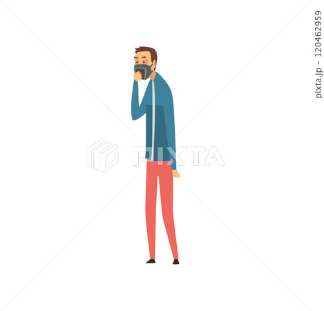 Man Wearing Respirator Protective Mask, Guy Suffering from Industrial Smog Vector Illustration 120462959