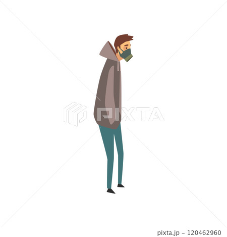 Young Man Wearing Protective Face Mask Against Air Pollution, People Suffering from Industrial Smog Vector Illustration 120462960