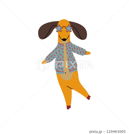 Purebred Brown Dachshund Dog Wearing Trendy Clothes , Funny Playful Pet Animal Cartoon Character Vector Illustration 120463005