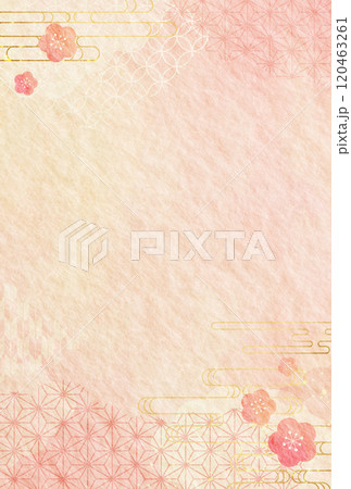 ピンク 梅と和柄 水彩風 年賀状 和紙の背景 ピンク 梅と和柄 水彩風 年賀状 和紙の背景 120463261