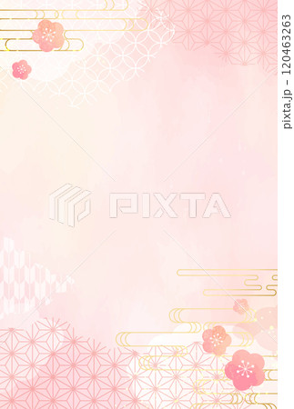 梅と和柄　水彩風　年賀状　ピンク　背景	 120463263