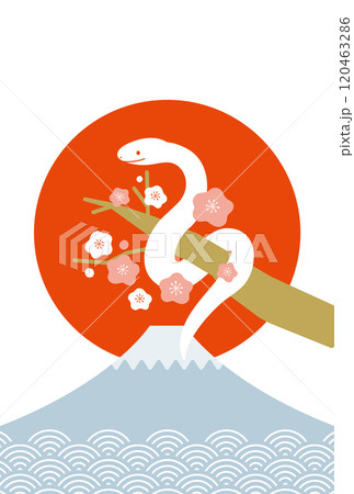 2025年 かわいい 巳年 へびと富士山の年賀状	 120463286