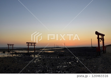 朝焼けの多良の海中鳥居　佐賀 120463316