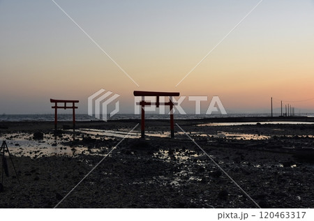 朝焼けの多良の海中鳥居 佐賀 朝焼けの多良の海中鳥居 佐賀 120463317