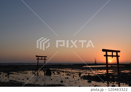 朝焼けの多良の海中鳥居 佐賀 朝焼けの多良の海中鳥居 佐賀 120463322