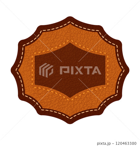 Leather label with grungy texture and seam. Brown lag element or sign, isolated for cloth design 120463380