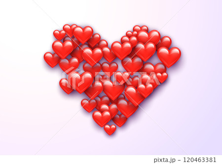 Valentine's Day greeting card with red hearts flying scattered over background. Symbol of love and spring, sprayed 120463381