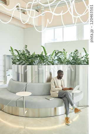 Vertical shot of African American businessman typing on laptop working in lounge zone of coworking space featuring combination of metal accents and green plants in interior, copy space Vertical shot of African American businessman typing on laptop working in lounge zone of coworking space featuring combination of metal accents and green plants in interior, copy space 120463501