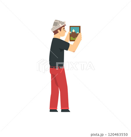 Handyman Hanging Painting on Wall, Male Construction Worker Character in Paper Cap with Professional Equipment Vector Illustration 120463550