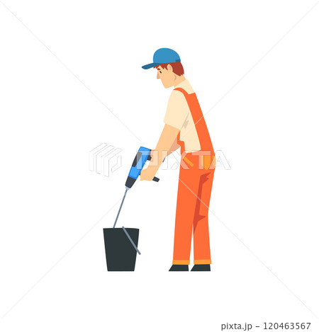 Builder Mixing Cement with Construction Mixer, Male Construction Worker Character in Orange Overalls and Blue Cap with Professional Equipment Vector Illustration Builder Mixing Cement with Construction Mixer, Male Construction Worker Character in Orange Overalls and Blue Cap with Professional Equipment Vector Illustration 120463567