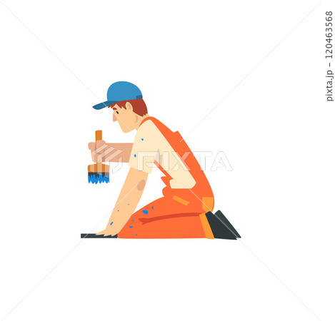 Professional Painter with Brush, Male Construction Worker Character in Orange Overalls and Blue Cap with Equipment Vector Illustration Professional Painter with Brush, Male Construction Worker Character in Orange Overalls and Blue Cap with Equipment Vector Illustration 120463568