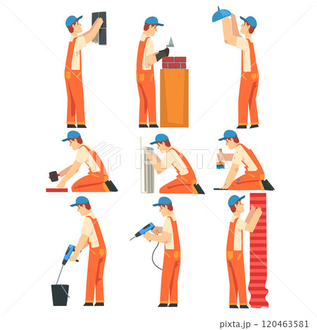 Different Professional Builders Set, Electrician, Carpenter, Painter, Plumber, Male Construction Workers Characters in Orange Overalls and Blue Caps Working with Equipment Vector Illustration 120463581