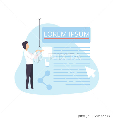 Man Working on Landing Page, Digital Content Creative Technology Process, Social Media Marketing Vector Illustration Man Working on Landing Page, Digital Content Creative Technology Process, Social Media Marketing Vector Illustration 120463655