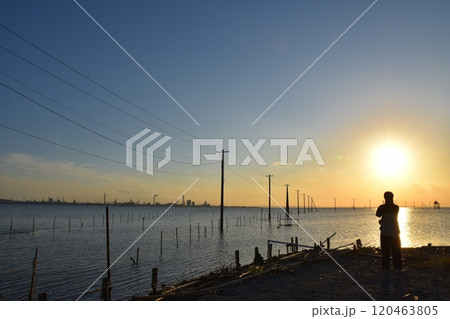 夕暮れの久津間の海中電柱　千葉 120463805