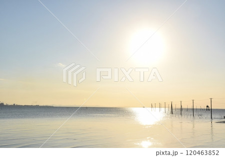 夕暮れの久津間の海中電柱 千葉 夕暮れの久津間の海中電柱 千葉 120463852