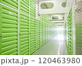 Background shot with diminishing perspective of aisle with green metal doors leading to self storage units closed on locks at warehouse, copy space 120463980