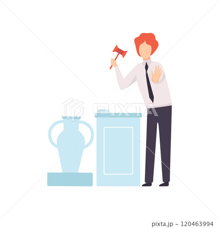 Man with Gavel Standing Behind Special Stand and Announcing Price, Auctioneer Selling Ancient Vase Vector Illustration Man with Gavel Standing Behind Special Stand and Announcing Price, Auctioneer Selling Ancient Vase Vector Illustration 120463994