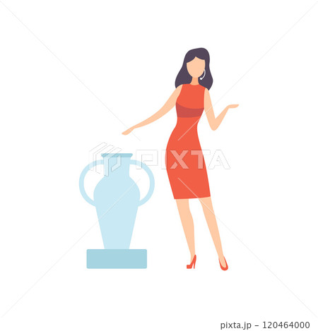 Female Professional Auctioneer Selling Ancient Vase in Art Gallery, Auction Process Vector Illustration Female Professional Auctioneer Selling Ancient Vase in Art Gallery, Auction Process Vector Illustration 120464000