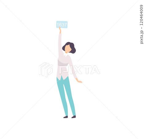 Young Woman Bidding in Public Auction House, Girl Raising Paddle with Number to Buy Piece of Art Vector Illustration Young Woman Bidding in Public Auction House, Girl Raising Paddle with Number to Buy Piece of Art Vector Illustration 120464009