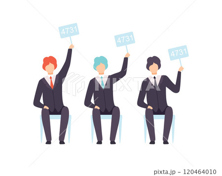 Businessmen Bidding in Public Auction House, Bidders Raising Auction Paddles to Buy Piece of Art Vector Illustration 120464010