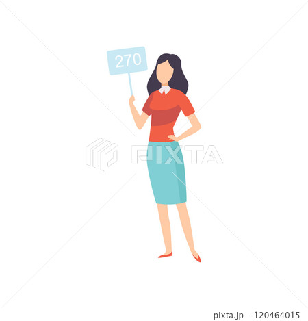 Young Woman Bidding in Public Auction House, Girl Standing and Raising Paddle with Number to Buy Piece of Art Vector Illustration 120464015