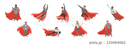 Man Businessman in Red Superhero Cloak Action Pose Vector Set 120464062