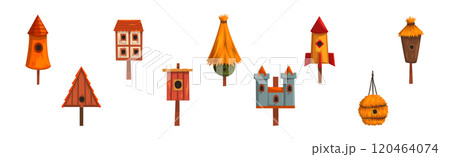 Wooden Birdhouse and Nesting Box for Feeding Bird Vector Set 120464074