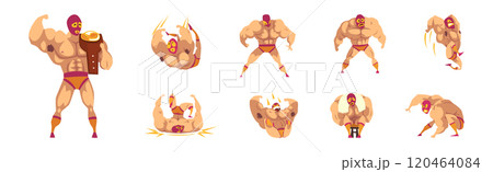 Muscular Man Wrestler in Different Pose and Action Vector Set 120464084