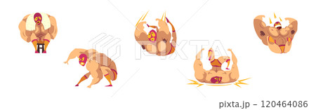 Muscular Man Wrestler in Different Pose and Action Vector Set 120464086