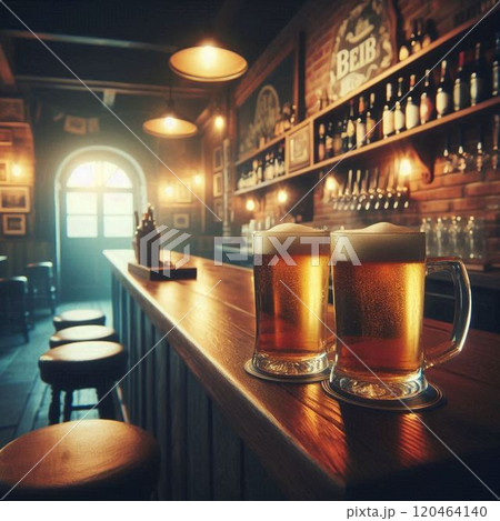 レンガ造りのバーのカウンターに用意された2個のビール 120464140