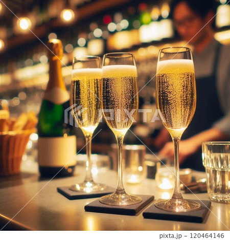 カウンターに用意された3人分のシャンパン 120464146
