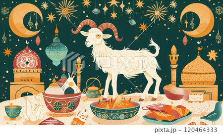 Vibrant Mythical Goat among Celestial Elements 120464333