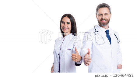 medical service advertisement. two nurse and doctor in medicine hospital. healthcare physician doctor isolated on white. medicine and healthcare. doctor offer advertisement, thumb up. Wellness Ads 120464455