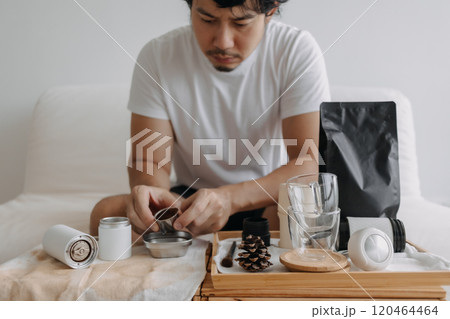 Step by step of man making espresso with hand press tools. Step by step of man making espresso with hand press tools. 120464464