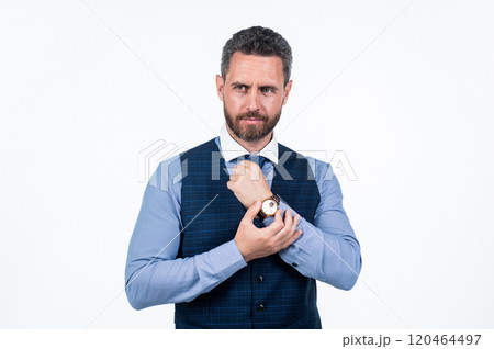 handsome man showing watch clock, male fashion accessory handsome man showing watch clock, male fashion accessory 120464497
