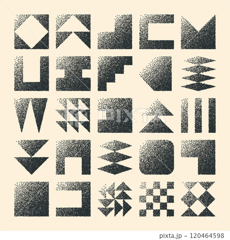Brutalist geometric shapes, dotted objects. Stipple elements modern symbols. Simple primitive forms. Retro design, trendy contemporary minimalist style, y2k. Dot shading, drawing. Vector illustration 120464598