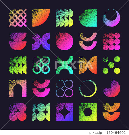 Brutalist geometric shapes, dotted objects. Stipple elements modern symbols. Neon primitive forms. Retro design, trendy contemporary minimalist style, y2k. Dot shading, drawing. Vector illustration 120464602