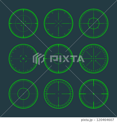 Various sniper rifle sights with degree scale, weapon optical scope crosshair. Hunting gun viewfinder. Shooting mark symbol, aim. Military target sign. Game interface UI element. Vector illustration 120464607