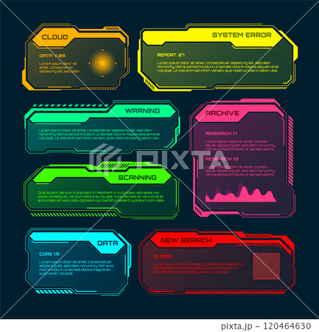 Futuristic HUD or UI elements. Sci-fi user interface text boxes, callouts. Colorful warning message frame, information boxes template. Modern game interface layout, digital style. Vector illustration Futuristic HUD or UI elements. Sci-fi user interface text boxes, callouts. Colorful warning message frame, information boxes template. Modern game interface layout, digital style. Vector illustration 120464630